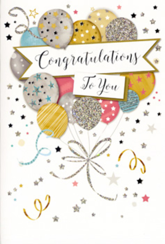 The card in this image captures the essence of a sophisticated celebration, the kind of polished joy that suits a special occasion anywhere from Clapham Old Town to the cafés by Clapham North. Centered against a gently pale background, a cluster of balloons floats upward in a loose, organic arrangement. The colours are luminous rather than loud: brushed gold, soft silver, pale champagne, sky blue, muted pink, and gentle grey. Each balloon features a distinct decorative touch-some are dusted with sparkling glitter, others dotted with tiny metallic stars or edged in fine, reflective stripes-giving the illusion that they glimmer softly, as though lit by candlelight at a private party. Slender ribbons trail gracefully from each balloon, twisting into loops and curls in shimmering gold and silver lines that guide the eye down the card. Around them, scattered stars, small confetti dots, and flowing ribbon motifs drift across the soft background, adding light movement without overwhelming the design. A refined banner sweeps across the centre, carrying the words Congratulations To You in elegant, flowing script that feels both personal and formal enough for significant milestones. The atmosphere of the card is one of poised happiness-tasteful, sparkling, and heartfelt. As a Clapham florist used to helping customers mark promotions, exam results, or new homes, I'd pair a card like this with a stylish bouquet, knowing the recipient will feel the quiet pride and admiration tucked into every detail, whether it's delivered near Clapham Common or to a doorstep just off Battersea Rise.