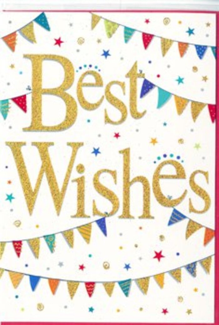 This celebratory Best Wishes card is designed with the same uplifting, easy-going charm that defines weekends around Clapham Common. At the centre, the words Best Wishes are rendered in luxurious golden script, the flowing letters thick and confident yet soft around the edges. The gold finish has a foil-like gleam, catching and reflecting light so that each curve seems to shimmer with quiet excitement. There's an almost tactile quality to the lettering, as though it is gently embossed, inviting the fingertips to trace the message. Framing these words, garlands of bunting form loose, U-shaped curves above and below, creating a sense of being cradled in celebration. Each tiny triangular pennant is brightly coloured-bold reds, royal blues, fresh greens, deep purples, and sunny yellows-some decorated with stripes, others with dots, and a few with intricate, mosaic-style patterns. The flags alternate and overlap just enough to suggest movement, reminiscent of colourful banners strung across a local street party near Clapham Junction. Floating lightly around the bunting are specks of confetti and star-shaped accents in coordinating colours and soft metallic tones. These speckles appear randomly scattered, as if tossed playfully into the air during a moment of shared joy, yet they're placed with a designer's restraint so the card remains airy and uncluttered. The crisp white background adds brightness and clarity, ensuring the gold script stands out as the true focal point. Emotionally, the card radiates warm encouragement and shared celebration-ideal for sending thoughtful congratulations on engagements, graduations, or new homes in the Clapham area. It's exactly the sort of refined yet cheerful design you might receive alongside a hand-tied bouquet delivered by a local florist who knows how much this moment matters.
