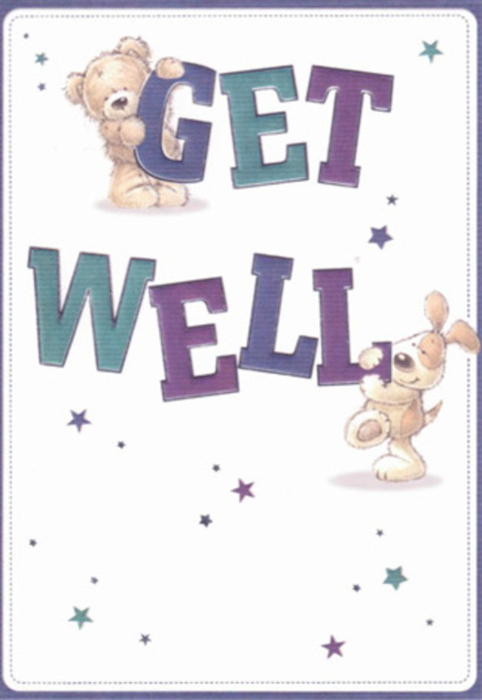 Set against a serene, creamy white that recalls the peaceful streets of Clapham early in the day, this get well card delights with whimsical artistry. Central to the scenes are two beloved figures-a teddy bear with invitingly fluffy fur and soulful eyes, and a puppy with velvety, oversized ears-each expertly painted to exude warmth and gentle reassurance. The bear perches confidently atop the word 'GET,' while the puppy snuggles comfortably beneath 'WELL', both words lettered in substantial, cheerful font shaded with purples and teals that echo the vibrant shop windows of nearby Clapham Old Town. Swirling stars in jewel-toned blue and lavender seem to drift lightly across the card, their playful presence symbolizing hope fluttering on a breeze. This sense of movement and optimism effortlessly lifts the mood, reminiscent of a freshly delivered floral bouquet meant to encourage healing and joy. Fine details-the depth of the bear's textured fur, the lifelike curve of the puppy's tail-lend an almost touchable realism, inviting a sense of closeness between card and recipient. In every brushstroke and colour choice, there's an unmistakable echo of the thoughtful arrangements created by Clapham's local florists: gestures of care designed to brighten and reassure, bringing neighbours together even when words falter.