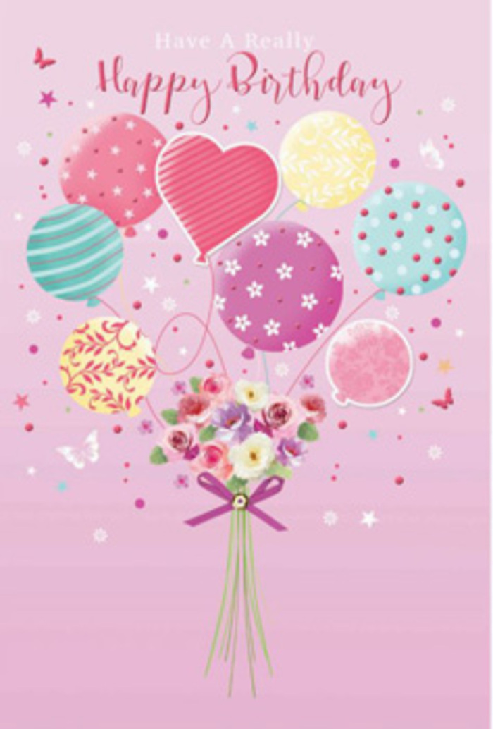 In this dreamy birthday scene, a pastel sky of balloons and flowers rises softly, as if drifting above the tree-lined streets leading down to Clapham South. The illustration begins with a warm blush-pink backdrop, subtle and soothing, against which a gathering of pastel balloons floats upward in a loose bouquet. Gentle shades of sea green, powdery lavender, lemon cream, and rosy pink mingle harmoniously, each balloon decorated with playful details-fine candy-like stripes, scattered confetti dots, and curving swirls that suggest laughter and movement. At their centre, the colours deepen slightly, giving the impression of depth and soft sunlight filtering through. Below this airy cluster, a hand-tied posy of delicate roses and daisy-inspired blooms forms the heart of the design. The flowers are drawn with careful attention: petals curl and layer in tones from creamy ivory to delicate blush and dusky rose, evoking the touch of velvet and the scent of freshly cut stems you might notice outside a local Clapham florist. A satin-finish purple bow hugs the stems together, sparkling just enough to catch the eye and echo the sheen on the balloon surfaces. Surrounding the arrangement, tiny stars and whimsical butterflies hover, as though pausing mid-flight to admire the celebration. The whole composition suggests a birthday surprise that feels personal and joyful, like opening the door to find a beautifully arranged bouquet waiting, its colours and lightness capturing the spirit of a happy gathering with friends near Clapham Common.