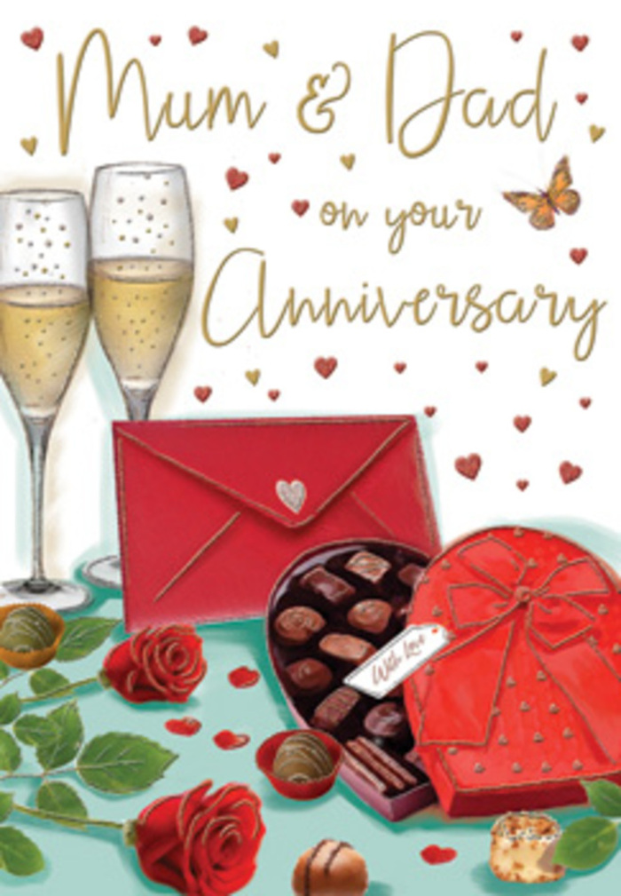 The image on this anniversary card presents a carefully composed celebration scene that could easily be imagined on a dining table in a Clapham flat after a special meal. Two elegant champagne flutes rise near the centre, filled with sparkling golden champagne that seems to catch a soft, warm light, reminiscent of late evening sunshine filtering through windows overlooking Clapham Common. Tiny bubbles shimmer in the glass, suggesting a toast to years of shared life, laughter, and resilience. At the front, an open heart-shaped box of chocolates occupies pride of place, its vivid red casing and large satin bow adding a sense of indulgence and ceremony. Inside, neatly nestled chocolates tempt the eye, while a few carefully illustrated pieces sit scattered on the table, as if someone has already begun to enjoy them. To the side, two plush red roses lie gently against lush green foliage, their velvety petals full and almost touchable, conjuring the feel of a hand-tied bouquet freshly arranged by a local Clapham florist. Their rich ruby tones balance beautifully with the gold of the champagne and the deep crimson of the chocolates and envelope. Behind the central arrangement, a scarlet envelope leans slightly back, sealed and ready, hinting at an intimate note of appreciation for Mum & Dad, perhaps written just before a walk down Clapham High Street or around the pavements of nearby Balham. Floating gold and red hearts sweep softly across the background, adding movement and a whimsical sense of romance. Overall, the artwork radiates warmth, comfort, and the deep affection of a long marriage celebrated quietly at home, surrounded by small but meaningful luxuries.