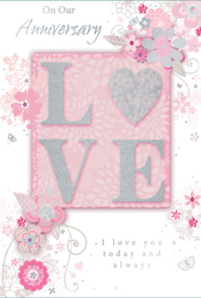 An open anniversary card is shown in close detail, its design evoking the feeling of stepping into a sunlit room where love is quietly celebrated each day, much like the peaceful corners around Clapham Common. The central motif is the word LOVE, rendered in an elegant, frosted glitter finish that rises gently off the card's surface. The glitter is soft and refined rather than bold, catching the light with a delicate shimmer that adds both visual interest and a subtle tactile pleasure, similar to brushing a thumb along the velvety edge of a rose petal. Around this central word, wispy, hand-drawn blooms drift along the borders in shades of blush pink, lilac, and creamy ivory. The flowers are stylised rather than hyper-realistic, with slender outlines and gentle shading that suggest petals opening in slow motion. Between them, fine flourishes-filigree lines, looping vines, dainty leaves, and almost-hidden butterflies-curl and weave, creating a light, fluttering movement like a soft breeze through a Clapham back-garden in late spring. The background is a tender blush tone, lending warmth without overwhelming the composition. Nestled within this floral calm is a simple yet powerful line of text, I love you today and always, printed in understated, graceful type that feels sincere and quietly confident. The arrangement of words and motifs resembles the thoughtful structure of a hand-tied bouquet, each element placed with intention, as a local florist might do when preparing an intimate anniversary surprise for delivery along Clapham High Street or near Battersea Rise. This card feels more like a keepsake than a simple greeting-paper, ink, and glitter woven into a gentle, lasting expression of devotion.