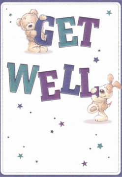 Brimming with optimism from the vibrant community of Clapham, this endearing get well card is a miniature celebration of kindness and encouragement. The scene unfolds with a charming bear and a bouncy puppy, both rendered with expressive, cuddly features that seem to radiate genuine affection. The bear, poised above, gently steadies the word 'GET,' while the puppy, with a gleam of playful energy, rests his paws on 'WELL.' The bold lettering, painted in deep, uplifting shades of indigo and teal, pops vividly, reminiscent of colourful local shopfronts along Clapham High Street. Above and around, twinkling star motifs in serene blues and purples scatter like tokens of hope, suggesting the transformative power of small gestures-much as a bouquet purchased from a Clapham market can instantly brighten a bedside. The white backdrop imparts a feeling of clarity and new beginnings, echoing the fresh starts so many seek during times of healing. Soft shading and careful texturing imbue the characters with a tactile warmth, recalling the familiar comfort of a favourite plush toy or a hand-delivered bouquet. Every element of this card, from welcoming colour to expressive detail, reflects the care and dedication Clapham's local florists bring to each heartfelt arrangement-an illustrated companion to the nurturing touch only a neighbour can provide in times of need.