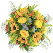 Exuberant and sun-drenched, this bouquet radiates positivity from its circular arrangement-a tapestry of golden sunflowers, buttery yellow roses, and lively orange accents, inspired by the vibrant life that pulses around Clapham Junction. The sunflowers' broad, cheerful faces and textured hearts bring instant brightness, while full-bodied roses coil in intricate spirals, their petals cool and inviting. Toasty orange blooms add playful sparks throughout, complemented by clusters of bright red berries that peek like hidden treasures among the stems. Feathery fern foliage gently encircles the bouquet, softening the outline and drawing the eye inward, while sprays of silvery eucalyptus cast a soothing, mist-like quality that tempers the warm hues. Subtle chartreuse greenery and touches of deep, earthy foliage add further depth and a sense of freshness, much like a walk through neighbourhood gardens after summer rain. Set against a fresh, white background, each detail is heightened, the floral artistry inviting not just admiration but an immediate sense of celebration. Whether meant for a birthday surprise, a heartfelt thank-you, or to enliven a kitchen windowsill overlooking Clapham High Street, this bouquet is a thoughtfully composed gift-one that brings an authentic touch of Clapham's welcoming spirit into every moment and every space.