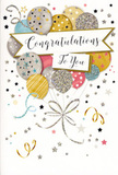 This elegant congratulations card presents a festive scene as refined and joyful as a well-planned celebration near Clapham Common. At its heart, a bouquet of illustrated balloons lifts softly upwards, gathered in an airy cluster that feels light yet intentional. The balloons are coloured in a balanced palette of metallic gold and silver, warm champagne, cool sky blue, powdery pink, and subtle grey. Each one has its own delicate decoration-some are shaded with a fine dusting of glitter, others sprinkled with tiny stars or dressed in slim, shining stripes-creating a gentle sparkle, like streetlights reflecting off party decorations after dusk along Northcote Road. Thin ribbons in shimmering gold and silver stream down from the cluster, curling and crossing with a natural, graceful flow. Around them, scattered stars, dots of confetti, and swirling ribbon motifs drift across a soft, uncluttered background, suggesting the movement and excitement of a celebration without any clutter. Across the centre floats a neat banner, carrying the phrase Congratulations To You in graceful calligraphy that looks slightly raised and glossy, ensuring the sentiment sits at the heart of the design. The overall mood is warm, polished, and quietly exuberant-ideal for marking achievements like new jobs, exam successes, or personal milestones. As someone arranging flowers and cards for local deliveries throughout Clapham, I can imagine this card tucked beside a vase of fresh blooms, offering a tactile, visual echo of the pride and happiness the sender wants to share.
