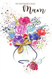 Mother's Day card illustration showing a lively watercolour bouquet that appears to burst from the page with the same joyful spirit you might find in Clapham's local flower shops. At its heart, rich cerise, fuchsia, and magenta blossoms open wide, reminiscent of full-blown roses or peonies, each bloom defined with subtle indigo outlines that suggest soft, curving petals. These bright flowers are surrounded by cooler touches of lavender, cornflower blue, and gentle apricot, blending together in loose, fluid strokes that give the impression of a freshly gathered spring arrangement. Small hints of leafy green peek through in swift brush marks, adding just enough foliage to anchor the composition without weighing it down. Delicate golden lines and specks highlight certain petals and edges, shimmering lightly like low evening sun along the streets near Clapham North. The flowers rise from a softly painted vase, its shape formed by translucent layers of colour and finished with a slender golden bow tied at the neck, evoking the careful ribboning of a bouquet prepared for a doorstep surprise on Northcote Road or by Clapham Common tube. Around the central arrangement, playful splatters of paint and scattered heart motifs drift across the white background, suggesting confetti, laughter, and affectionate hugs. The overall look is airy yet warm, a visual expression of gratitude and love that feels as comforting as receiving fresh flowers at home, perfectly suited to celebrating the bond between mother and child on a special spring day.