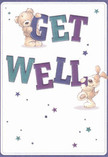 Radiating the same warmth as a friendly wave from Clapham Common, this illustrated get well card captures a playful, uplifting moment between two pals-a huggable teddy bear and a lively puppy. Both are depicted with expressive, caring faces and plush, tactile fur, each interacting joyfully with large, colour-rich letters spelling out 'Get Well.' The bear's gentle embrace of the upper text and the puppy's eager balance below establish a sense of teamwork and encouragement, making the message leap from the creamy, softly lit background. Vivid shades of teal and indigo in the typography mirror the lively colours found throughout Clapham's local florist boutiques, while scattered starbursts in contrasting blues and purples add an element of hopeful celebration, like confetti at a joyful gathering. The overall composition is airy and bright, calling to mind a fresh floral delivery designed to soothe both heart and mind. Every stroke and hue reflects the care and creativity poured into thoughtful gestures by Clapham florists-making this card a perfect pairing for a bouquet sent to comfort and uplift anyone on the road to recovery.