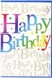 This vibrant birthday card captures the feeling of walking into a surprise celebration, the kind you might enhance with a bright bouquet delivered to a flat near Clapham Junction or a home by Clapham North. Across the front, the words Happy Birthday are written in large, confident letters that curve and stretch playfully from edge to edge. Each letter wears its own smooth ribbon of colour, blending seamlessly from deep cherry reds through warm coral and honeyed yellow into fresh greens, sea blues, and soft purples, like the shifting tones of a mixed spring arrangement carefully designed by a local Clapham florist. The colour gradients look softly airbrushed, giving the text a velvety, almost glowing presence. Behind this joyful headline, a background of fine metallic gold handwriting repeats Happy Birthday to you in a flowing, cursive style, line after line, creating a gentle visual chorus. The gold script catches and reflects the light with a subtle shimmer, reminiscent of late-afternoon sun over Clapham Common's open lawns. Sprinkled around the main words, tiny colourful stars and small confetti dots echo the rainbow palette, adding a playful, party-like touch without overwhelming the design. The finish of the card appears sleek and slightly glossy, enhancing the shine of the gold while keeping the colours crisp and bright. Together, these elements create a card that feels upbeat, affectionate, and thoughtfully crafted - a perfect match for marking a special birthday, whether it's a big milestone or a simple, heartfelt celebration at home in Clapham.