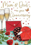 This illustrated anniversary card shows a romantic, thoughtfully arranged scene that feels perfectly at home in Clapham's cosy terraces and apartments. At the centre stand two tall champagne flutes, clear glass catching a mellow glow as if from candles on a dining table after a family meal. Each flute is filled with golden, sparkling champagne, with bubbles rising gently and reflecting the sense of occasion that comes with marking a milestone for Mum & Dad. In front of the glasses, a heart-shaped chocolate box commands attention, its deep red exterior and lavish bow unfolded to reveal a generous array of glossy chocolates, with a few pieces scattered nearby to suggest easy, affectionate sharing. To one side, two richly coloured red roses rest on a surface brushed in soft tones, their velvety petals layered and full, exactly the kind of premium stems a Clapham customer might order from Flower Delivery Clapham for same-day anniversary surprise. The roses nestle against fresh green leaves, creating a lush contrast that enhances the romantic atmosphere. Propped behind this arrangement is a scarlet envelope, neatly sealed, its surface catching highlights as though it holds a handwritten love note or heartfelt thanks from grown-up children. Across the backdrop, tiny crimson and shimmering gold hearts drift and swirl, surrounding the greeting with a gentle, celebratory energy. The entire composition suggests an intimate evening in a local home near Clapham North or the Common, where roses, chocolates, and a glass of fizz come together to honour a love that has grown deeper and more tender with every passing year.